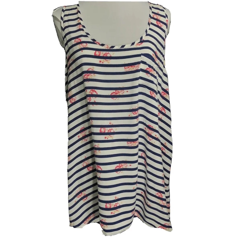 Kira Top T Back Navy White Stripes Shirt Red Roses Size Small